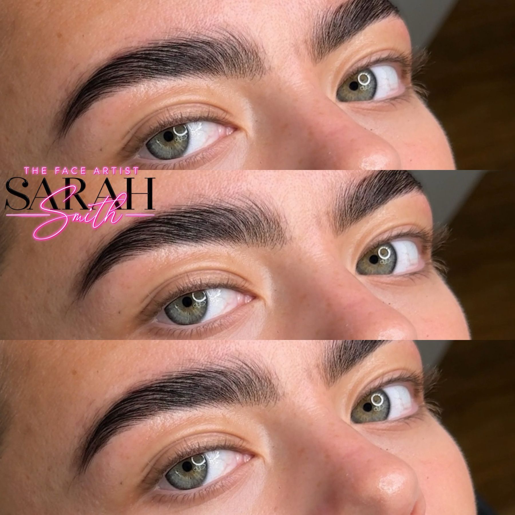 Men's brow hyperrealism tattoo progress, before, immediately after and healed