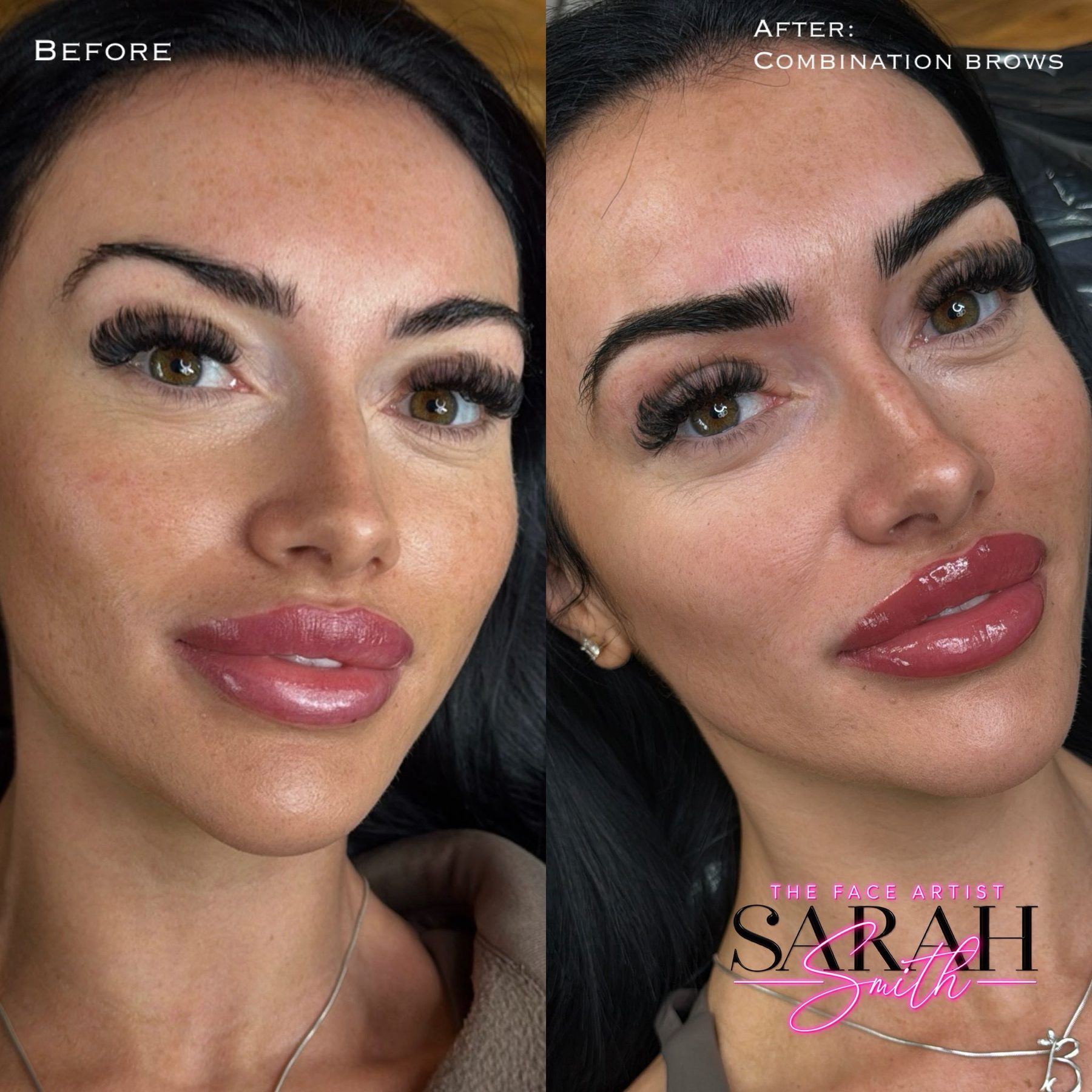Before and after hybrid combination brow tattoo with shading and hairstrokes