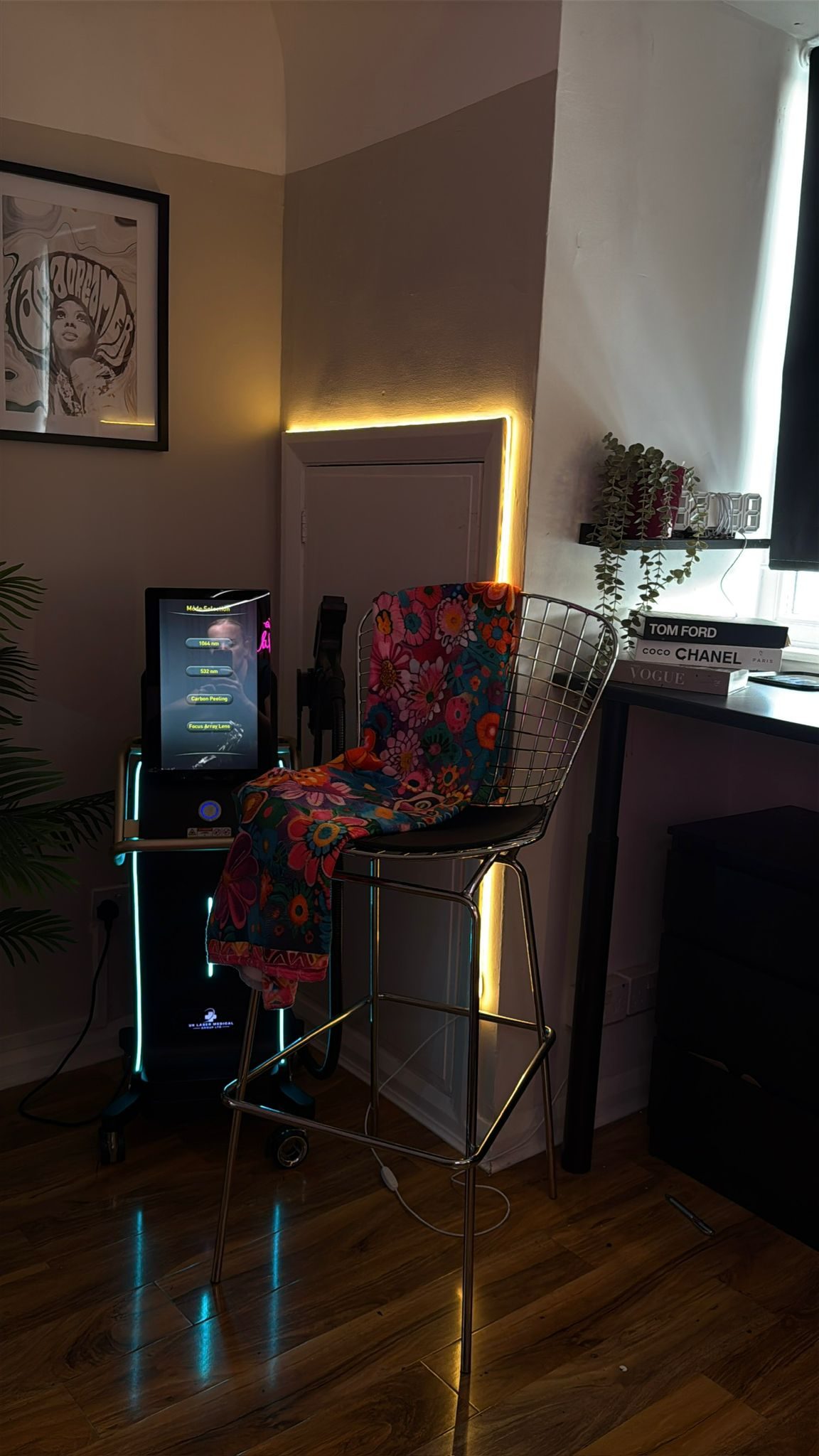 Studio corner with neon signage and treatment chair, The Face Artist Liverpool